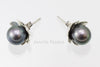 Stud Earrings - Dark Purple Round Pearls with Flower Cup