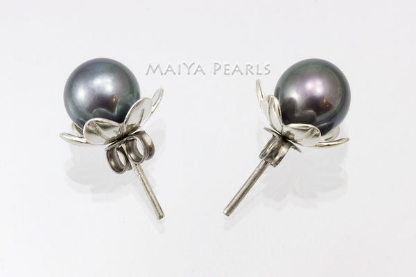 Stud Earrings - Dark Purple Round Pearls with Flower Cup