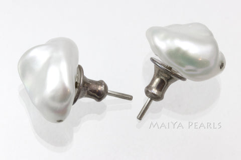 Stud Earrings  -  White Baroque Pearls & 925 Sterling Silver
