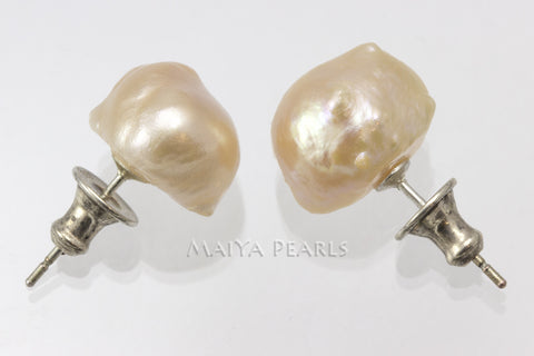 Stud Earrings  -  Peach Baroque Freshwater Pearl