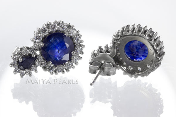 Stud Earrings - Blue Cashmir Sapphire and White Saphire on 925 Sterling Silver