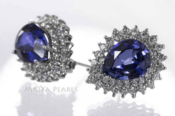 Stud Earrings - Blue and White Sapphires