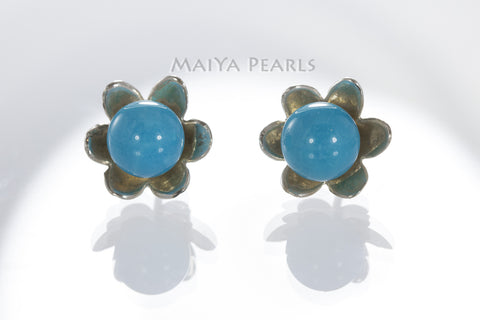 Stud Earrings - Sleep Beauty Turquoise & 925 Sterling Silver Flowers