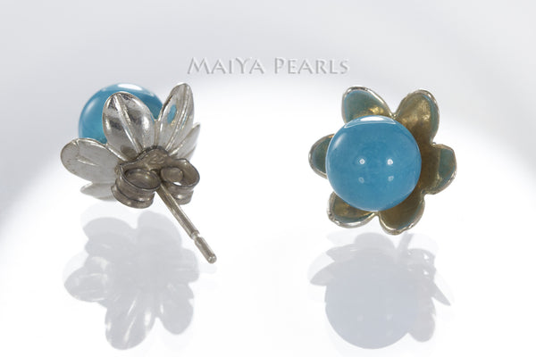 Stud Earrings - Sleep Beauty Turquoise & 925 Sterling Silver Flowers