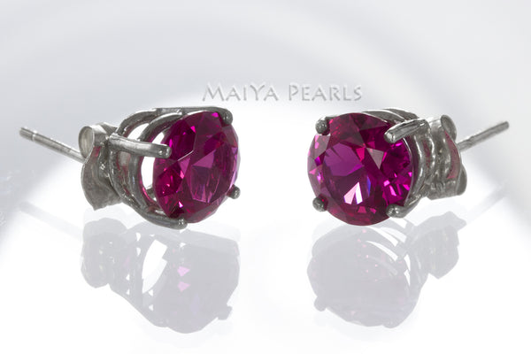 Stud Earrings - Red Ruby & 925 Sterling Silver