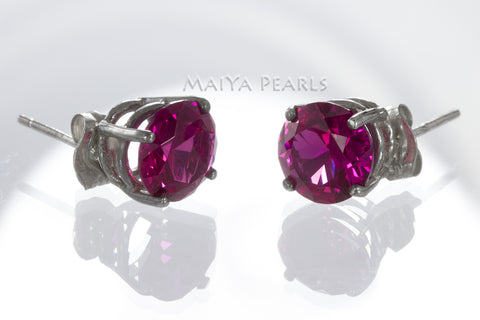 Stud Earrings - Red Ruby & 925 Sterling Silver