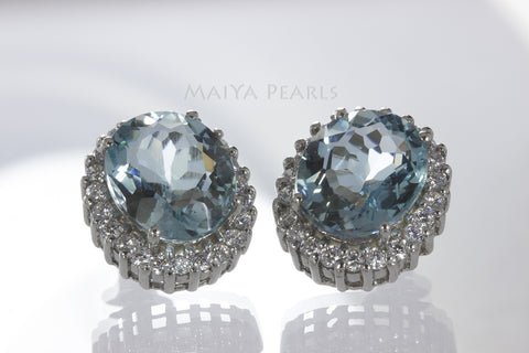 Earrings Studs  - White Sapphire and Aqua Marine Gem