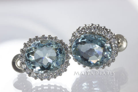 Earrings Studs  - White Sapphire and Aqua Marine Gem