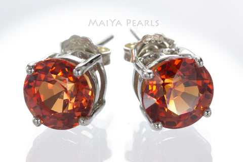 Stud Earrings - Orange Sapphire & 925 Sterling Silver Settings