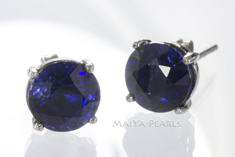 Stud Earrings -  Blue Sapphire & 925 Sterling Silver