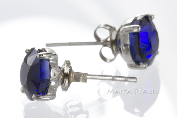 Stud Earrings -  Blue Sapphire & 925 Sterling Silver
