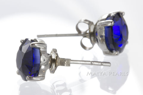 Stud Earrings - Dark Blue Sapphire & 925 Sterling Silver Settings