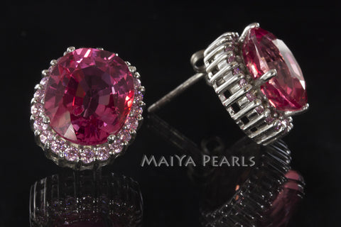 Stud Earrings - Pink Orange Sapphire & 925 Sterling Silver Clasp