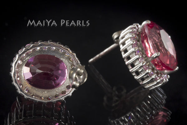 Stud Earrings - Pink Orange Sapphire & 925 Sterling Silver Clasp
