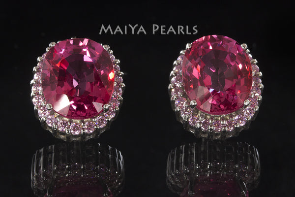 Stud Earrings - Pink Orange Sapphire & 925 Sterling Silver Clasp