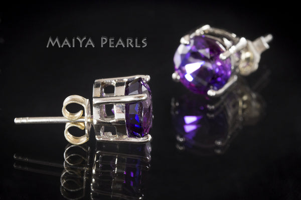 Stud Earrings - Purple Sapphire Studs & 925 Sterling Silver