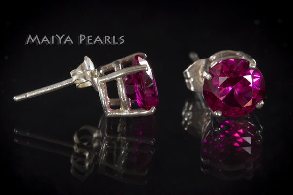 Stud Earrings - Red Ruby & 925 Sterling Silver