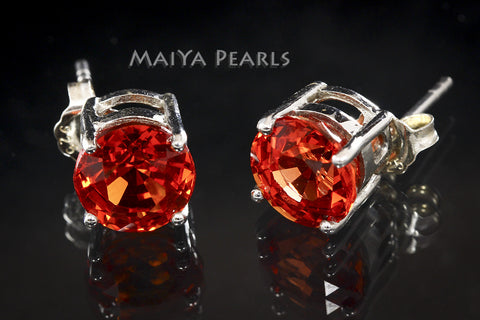 Stud Earrings - Orange Sapphire & 925 Sterling Silver Settings