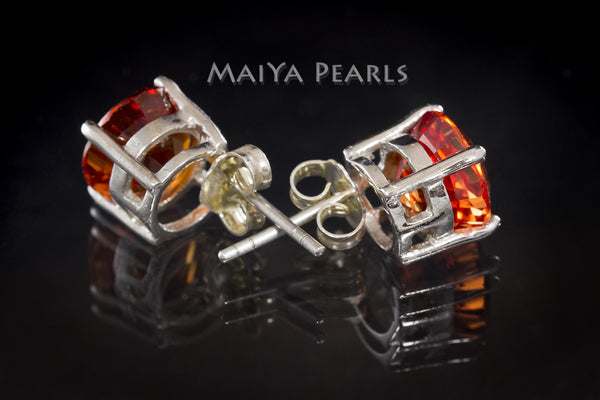Stud Earrings - Orange Sapphire & 925 Sterling Silver Settings