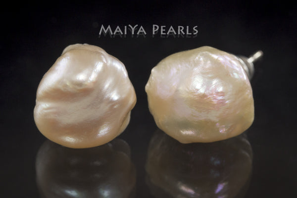 Stud Earrings  -  Peach Baroque Freshwater Pearl