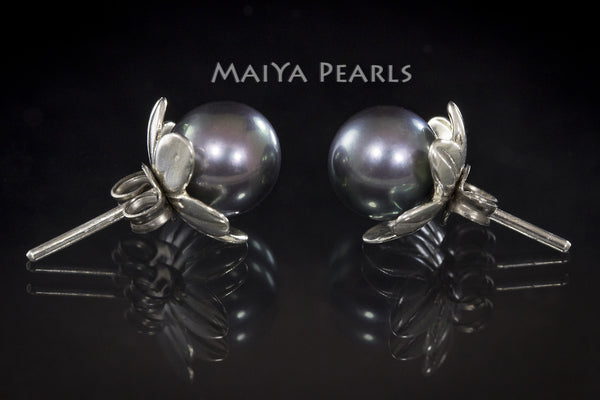 Stud Earrings - Dark Purple Round Pearls with Flower Cup