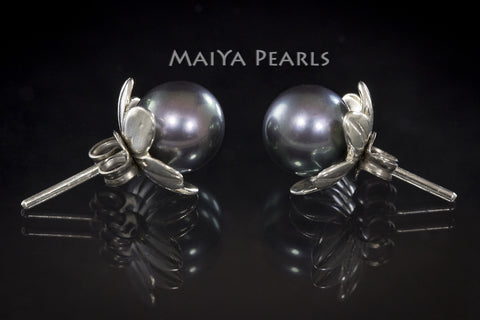 Stud Earrings - Dark Purple Round Pearls with Flower Cup
