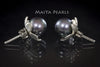 Stud Earrings - Dark Purple Round Pearls with Flower Cup