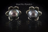 Stud Earrings - Dark Purple Round Pearls with Flower Cup
