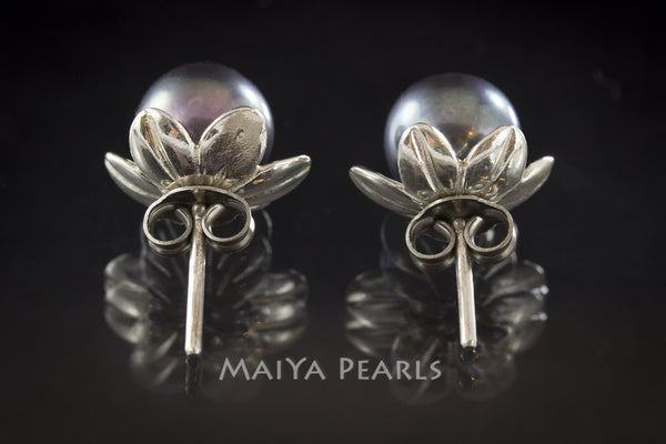 Stud Earrings - Dark Purple Round Pearls with Flower Cup