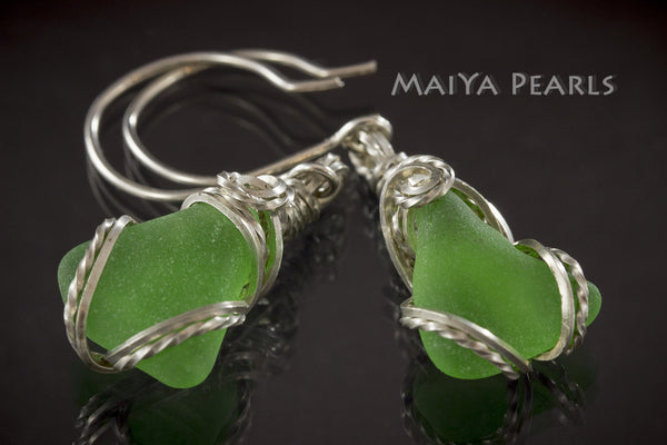 Earrings - Green Sea Glass & Argentium Silver Custom Wirework