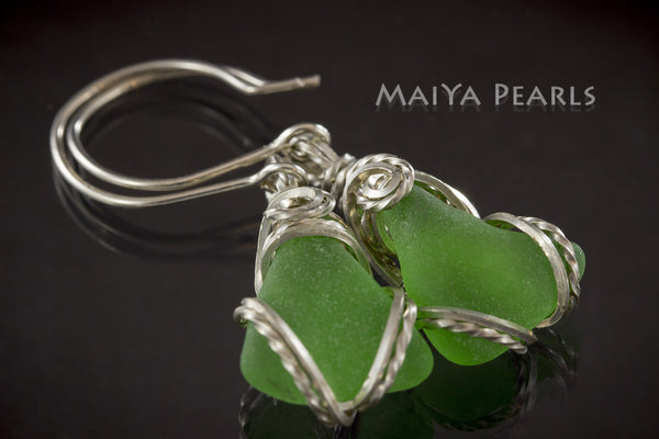 Earrings - Green Sea Glass & Argentium Silver Custom Wirework