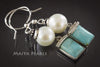 Earrings -  Round White Pearl, Turquoise, & 925 Sterling Silver Settings