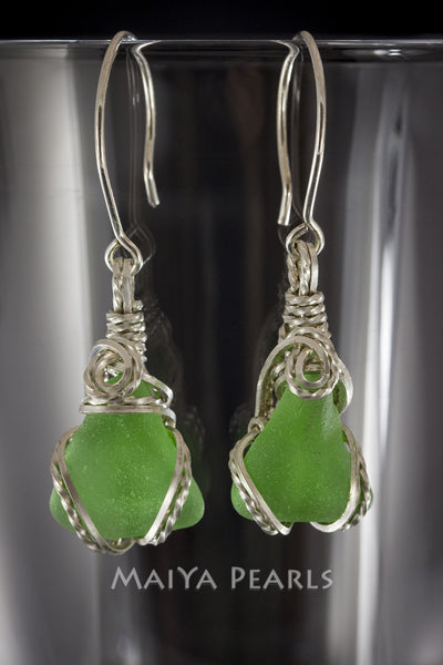 Earrings - Green Sea Glass & Argentium Silver Custom Wirework