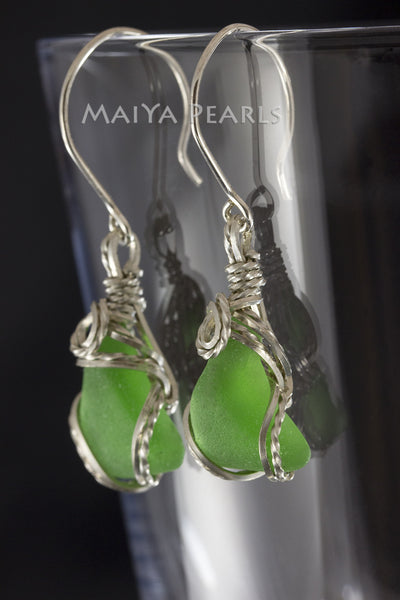 Earrings - Green Sea Glass & Argentium Silver Custom Wirework
