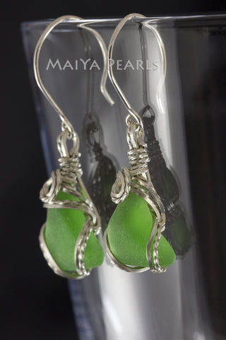 Earrings - Green Sea Glass & Argentium Silver Custom Wirework