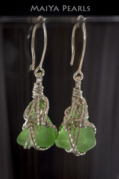 Earrings - Green Sea Glass & Argentium Silver Custom Wirework