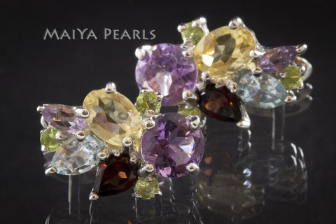 Stud Earrings - Multi-Gemstone Floral Design