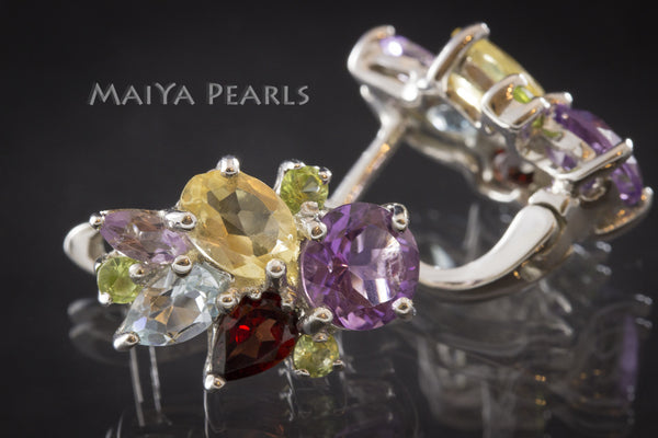 Stud Earrings - Multi-Gemstone Floral Design