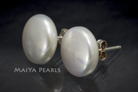 Stud Earrings - White Button Pearls (High Lustre)