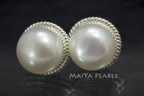 Stud Earrings  -  White Button Pearls on Sterling Silver Surround