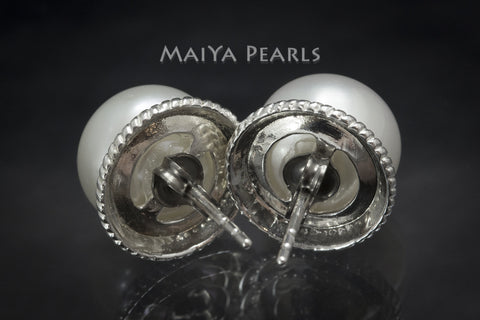 Stud Earrings  -  White Button Pearls on Sterling Silver Surround