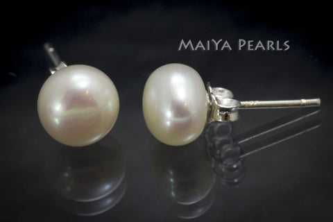 Stud Earrings - White Button Pearls (various sizes)