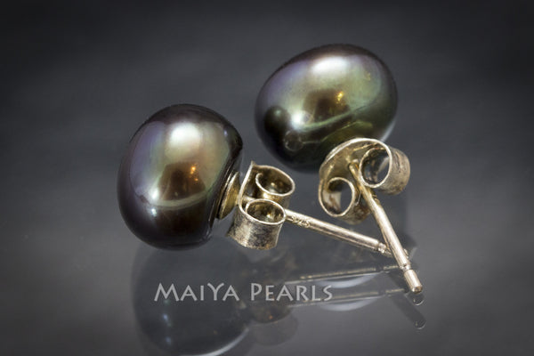 Stud Earrings - Greenish Black Button Pearl Studs