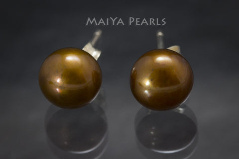 Stud Earrings - Rust-Coloured Button Pearls (orange/brown)