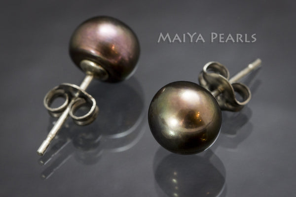 Stud Earrings - Greenish Black Button Pearl Studs