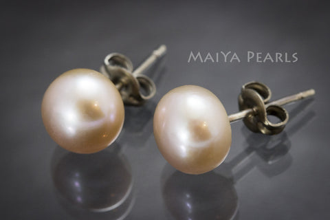 Stud Earrings - Peach Button Pearl Studs & 925 Sterling Silver