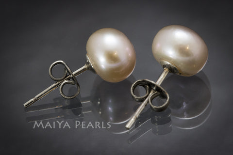 Stud Earrings - Peach Button Pearl Studs & 925 Sterling Silver
