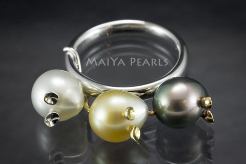 Ring - Three Blind Mice Multi Coloured Pearls and 18K Gold