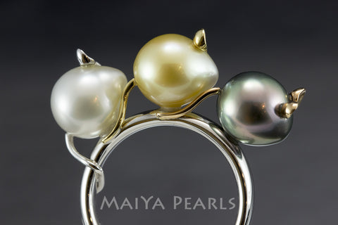 Ring - Three Blind Mice Multi Coloured Pearls and 18K Gold