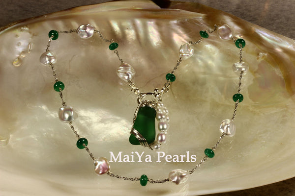 Necklace - Rare Beautiful Emerald (natural) & Keshi Pearl FW